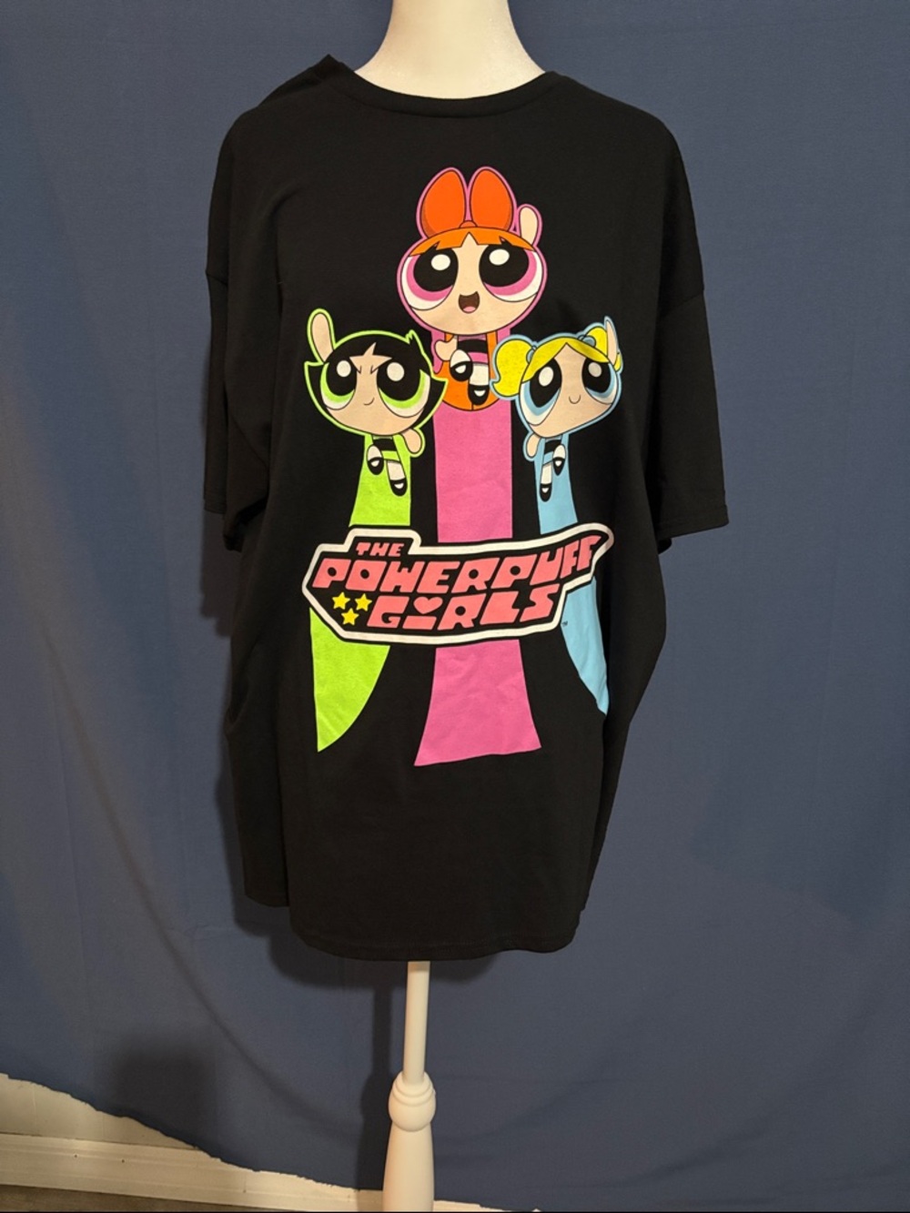 Black Tee with Neon Pink, Lime Green & Sky Blue Powerpuff Girls Graphic